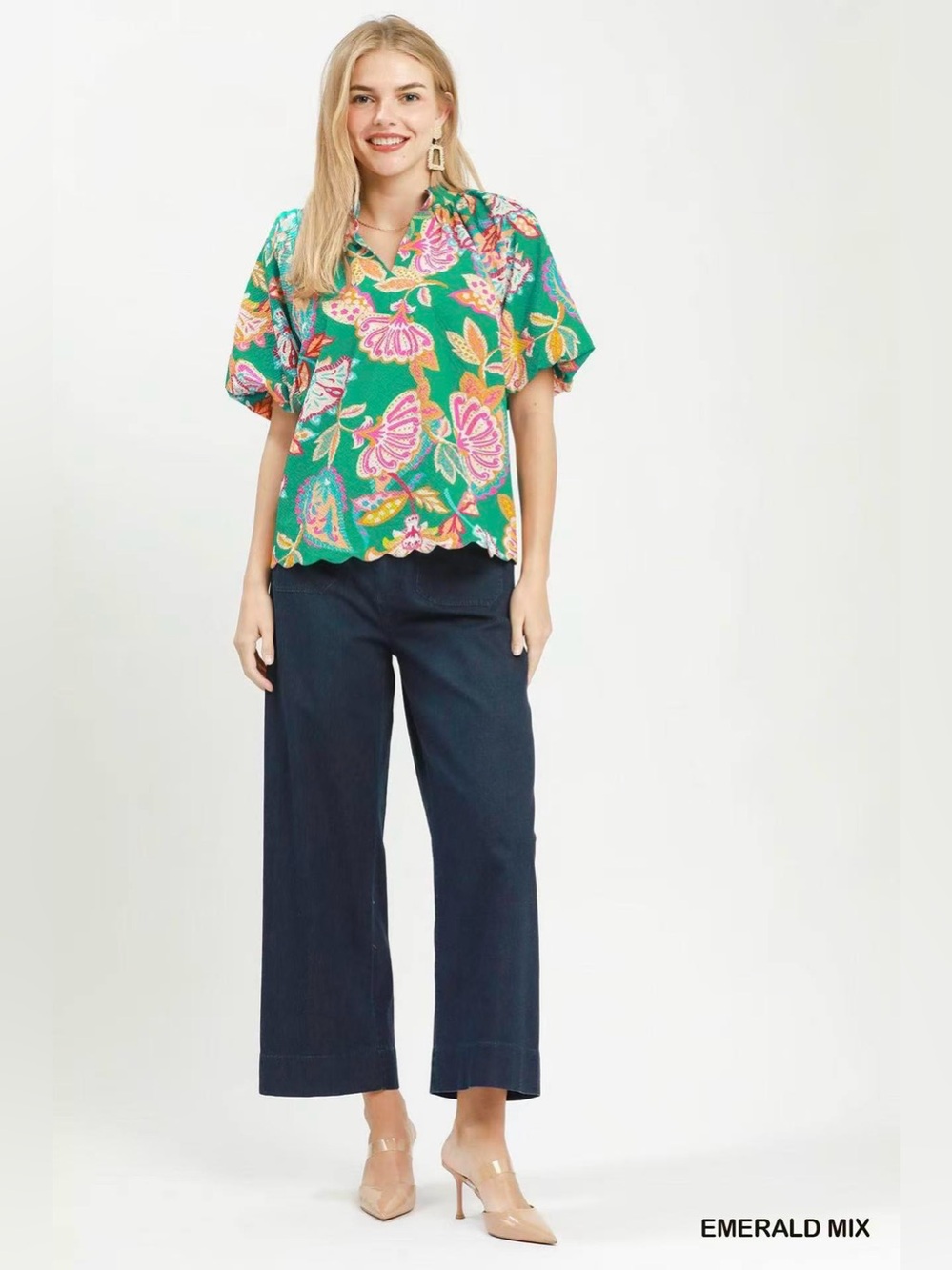 Umgee Mix Floral Print Scallop Hem Blouse NWT🛍️